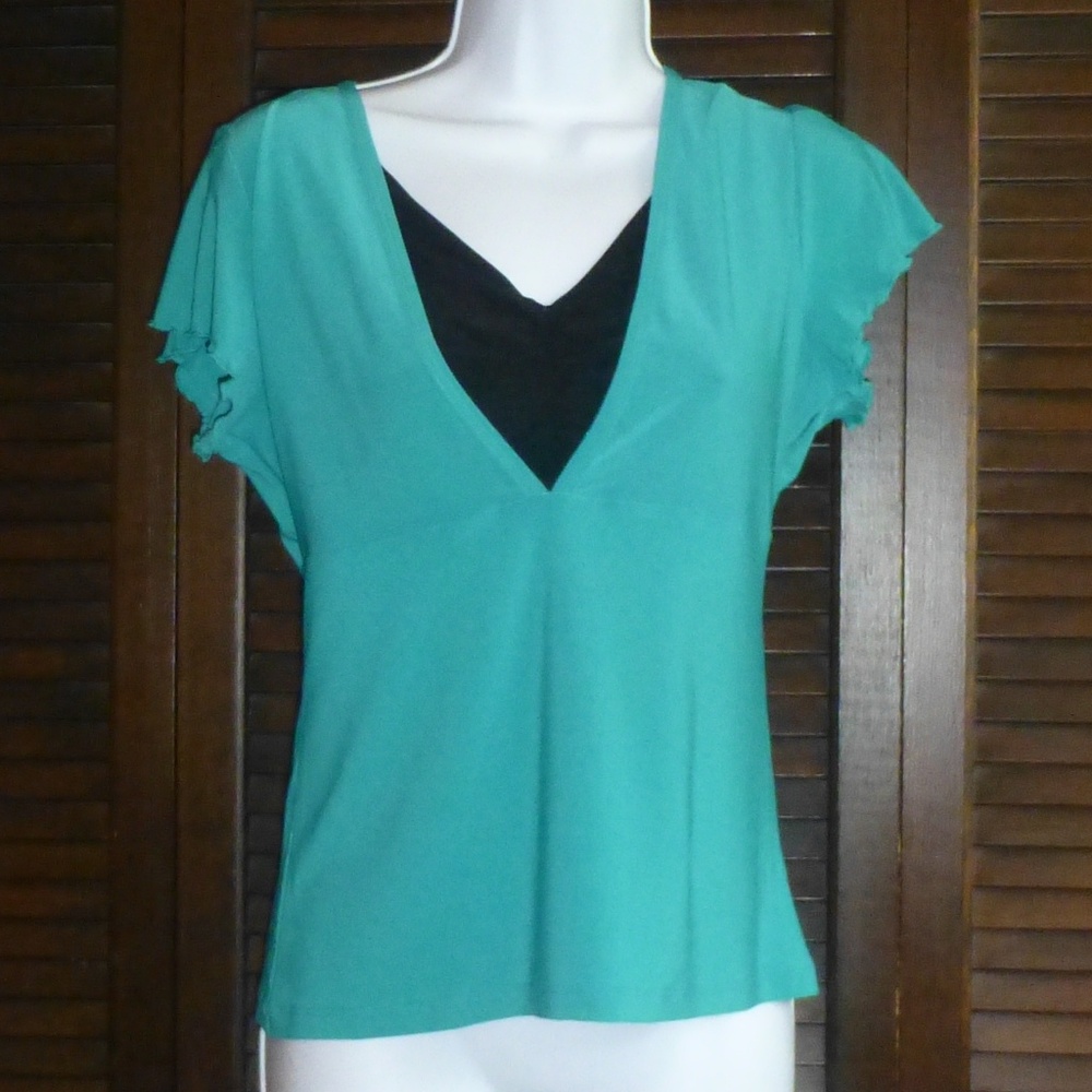 Stephen & Casey Teal Blue & Black Short Top, V-Neck, Ruffle Sleeves, Ruched, S